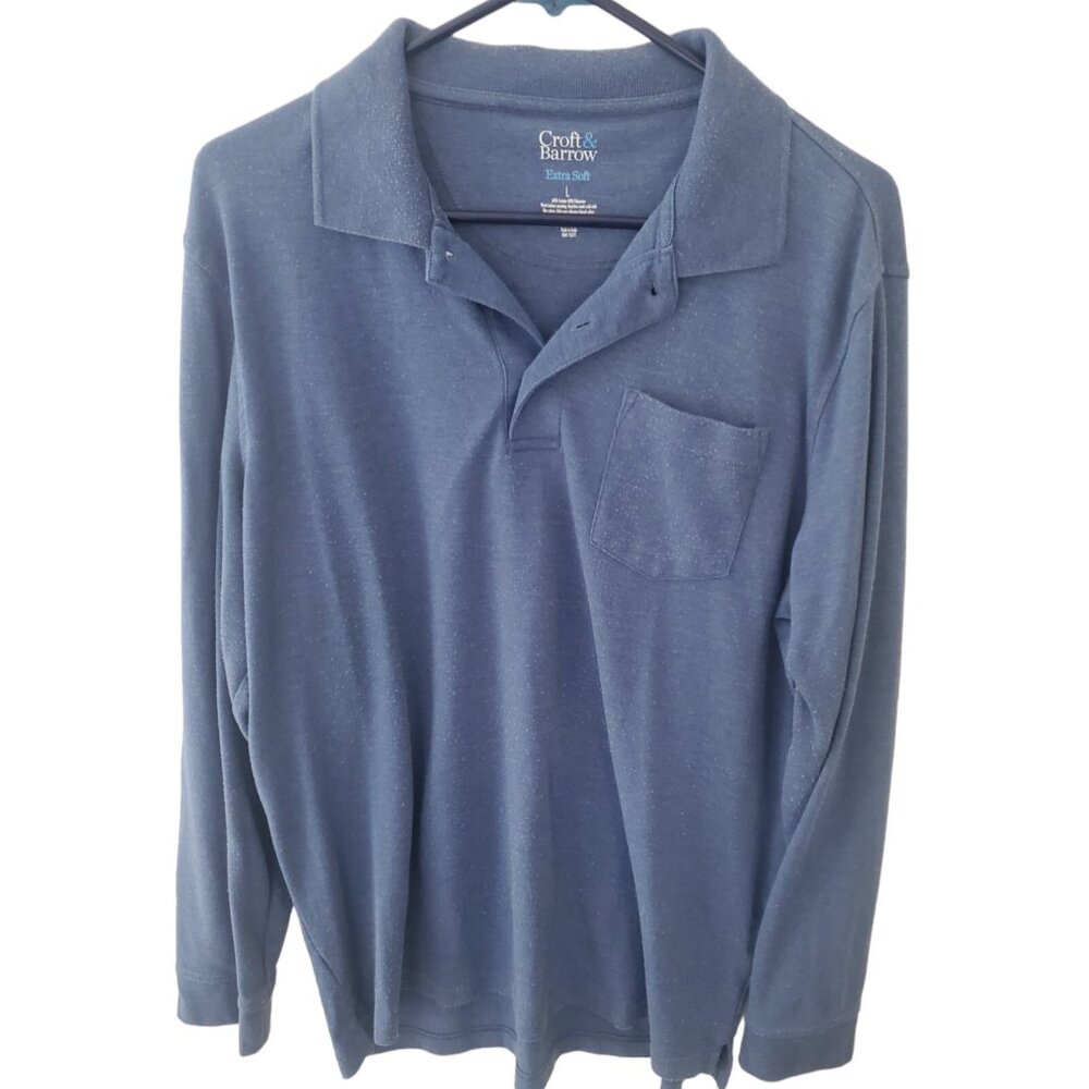 Croft & Barrow Mens Polo Golf Shirt Sz Large Extra‎ Soft Pocket Long Sleeve Blue